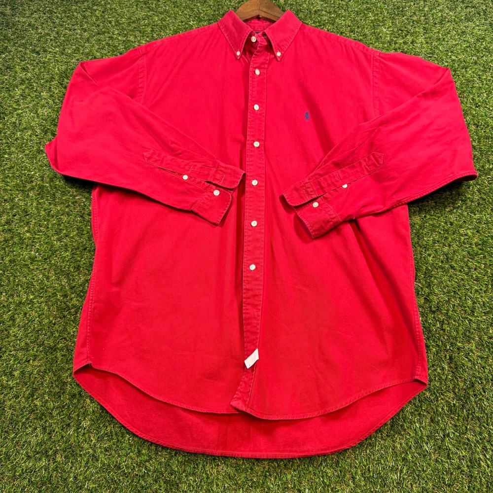 Vintage Ralph Lauren Red Button Down Shirt Mens Large Made in USA Cotton Pony